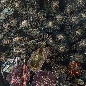 Beaded peacock shawl 42” x 42”.  Black velvet